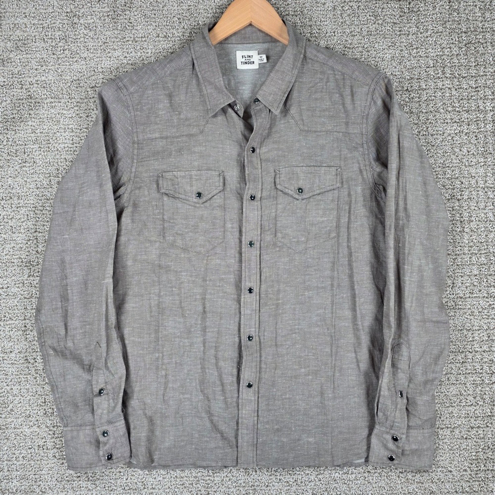 Flint and Tinder Mens Medium Cotton Linen Western Pearl Snap Button Down Shirt